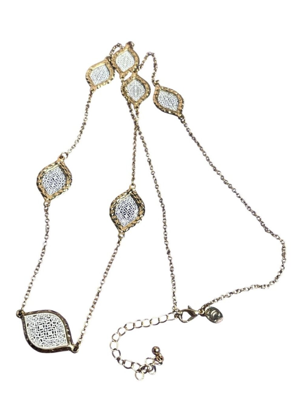 Charming Charlie Goldtone Chain Necklace Hammered White Filigree Stations